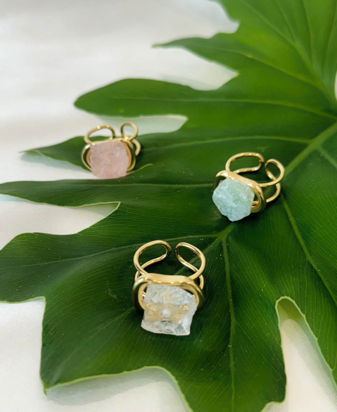 Natural crystal ring | Rose quartz and Green quartz