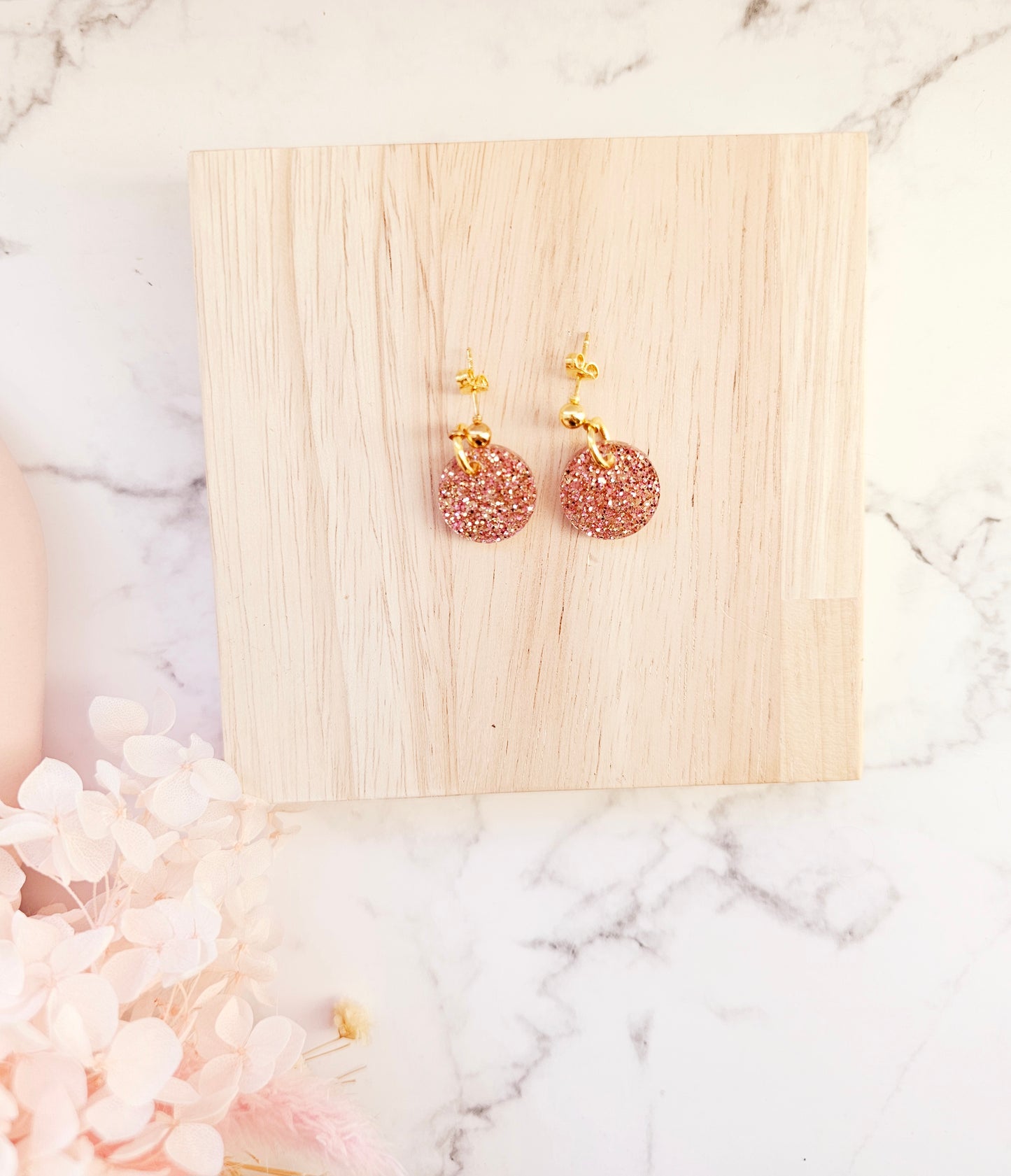 Pink glitter gold studs