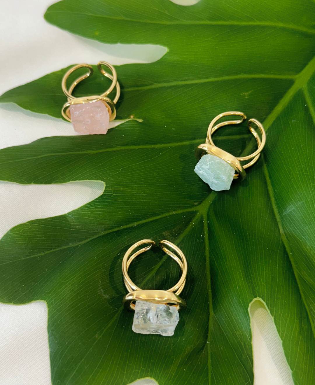 Natural crystal ring | Rose quartz and Green quartz
