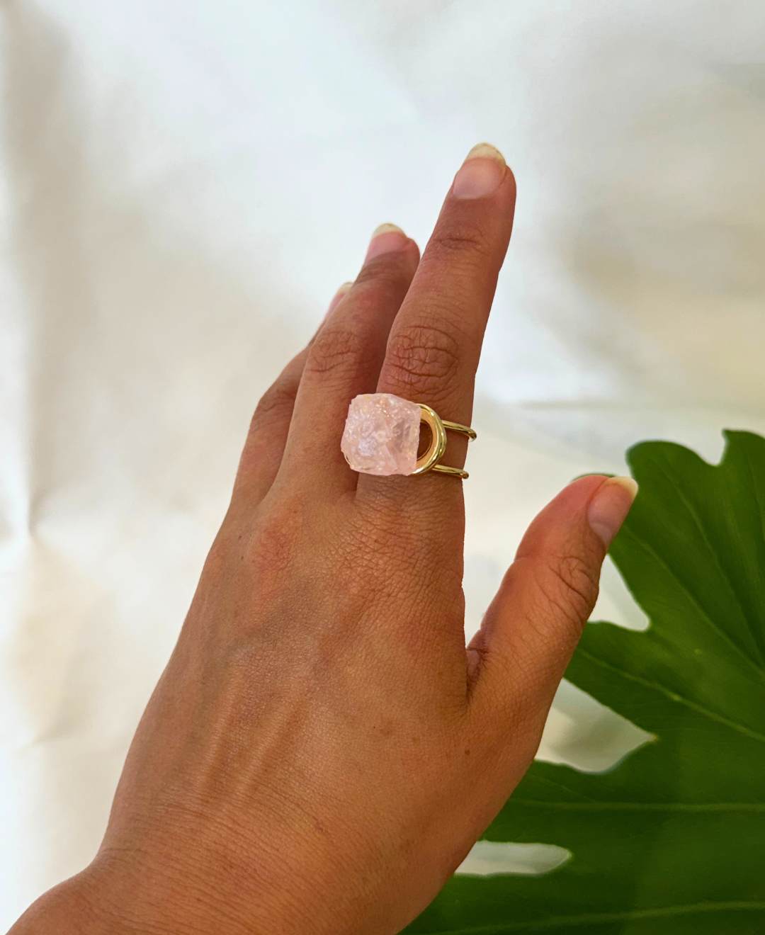 Natural crystal ring | Rose quartz and Green quartz