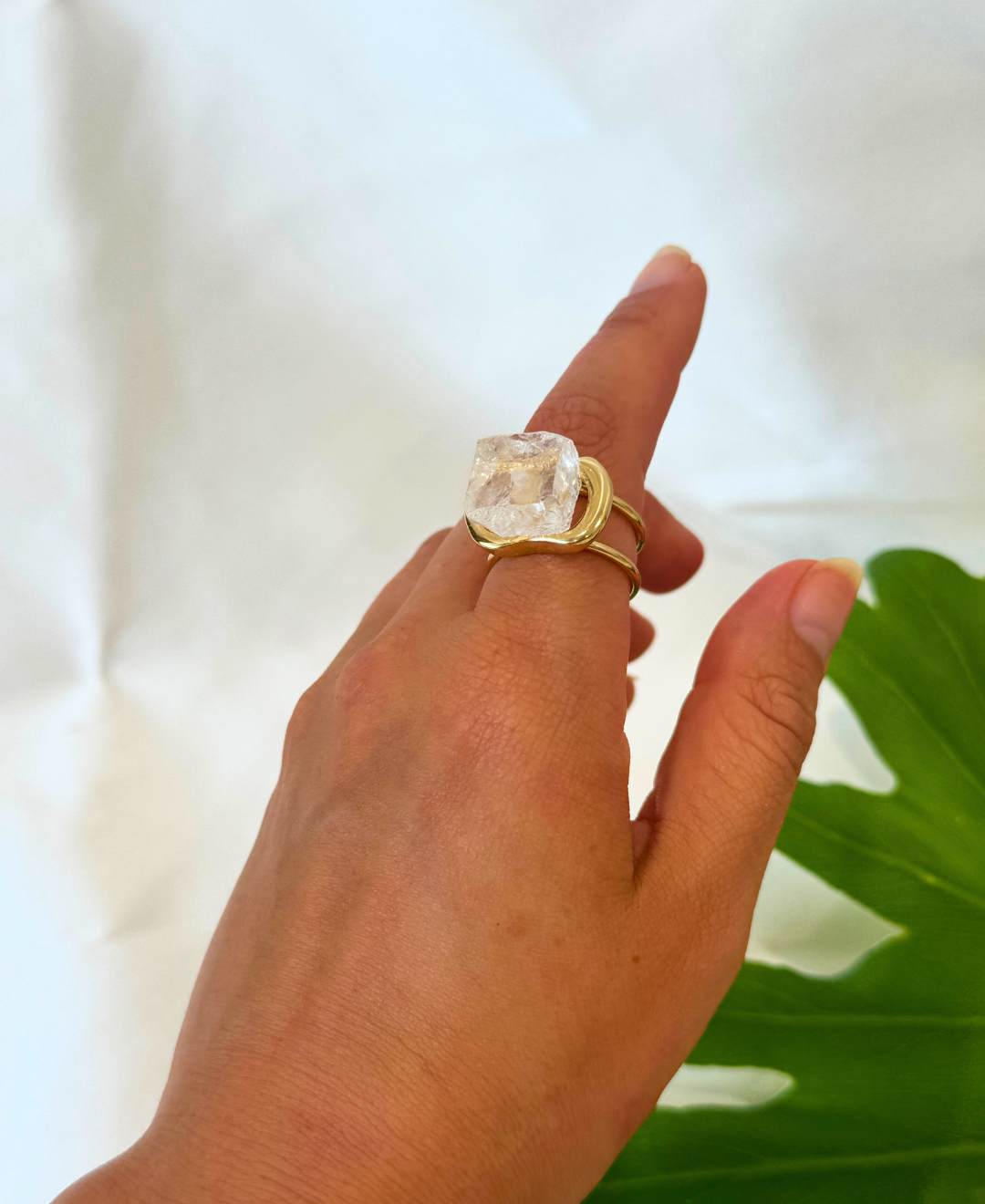 Natural crystal ring | Rose quartz and Green quartz