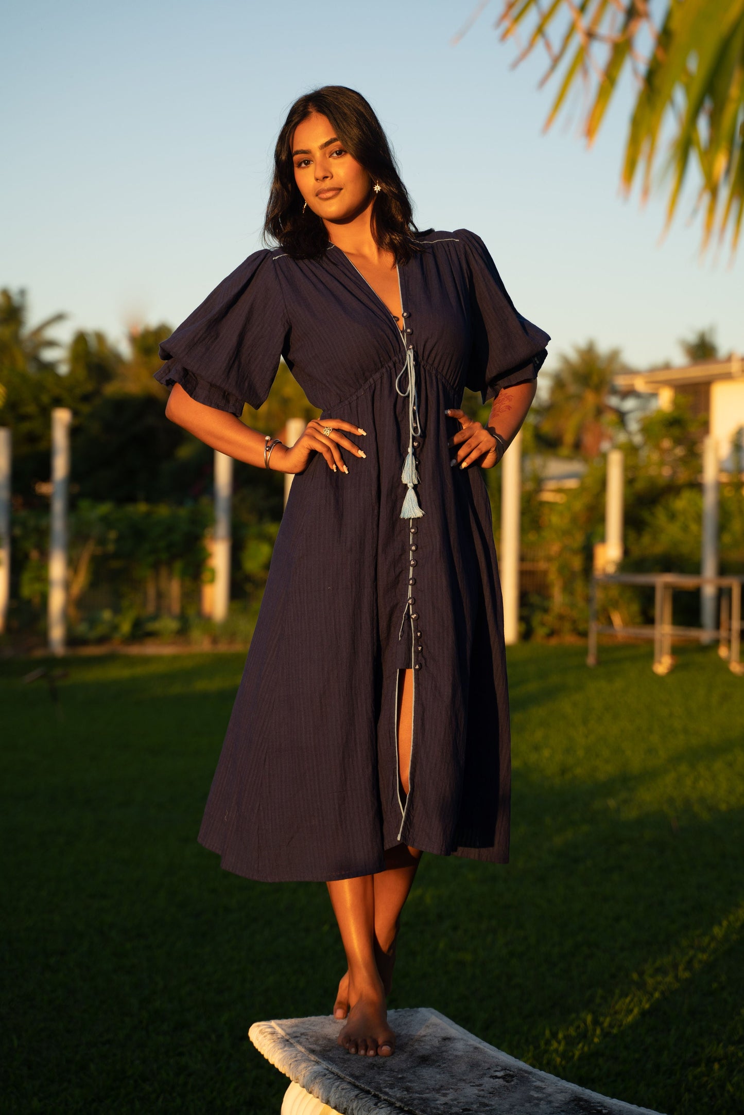 Abundance V Neck Button Midi Dress