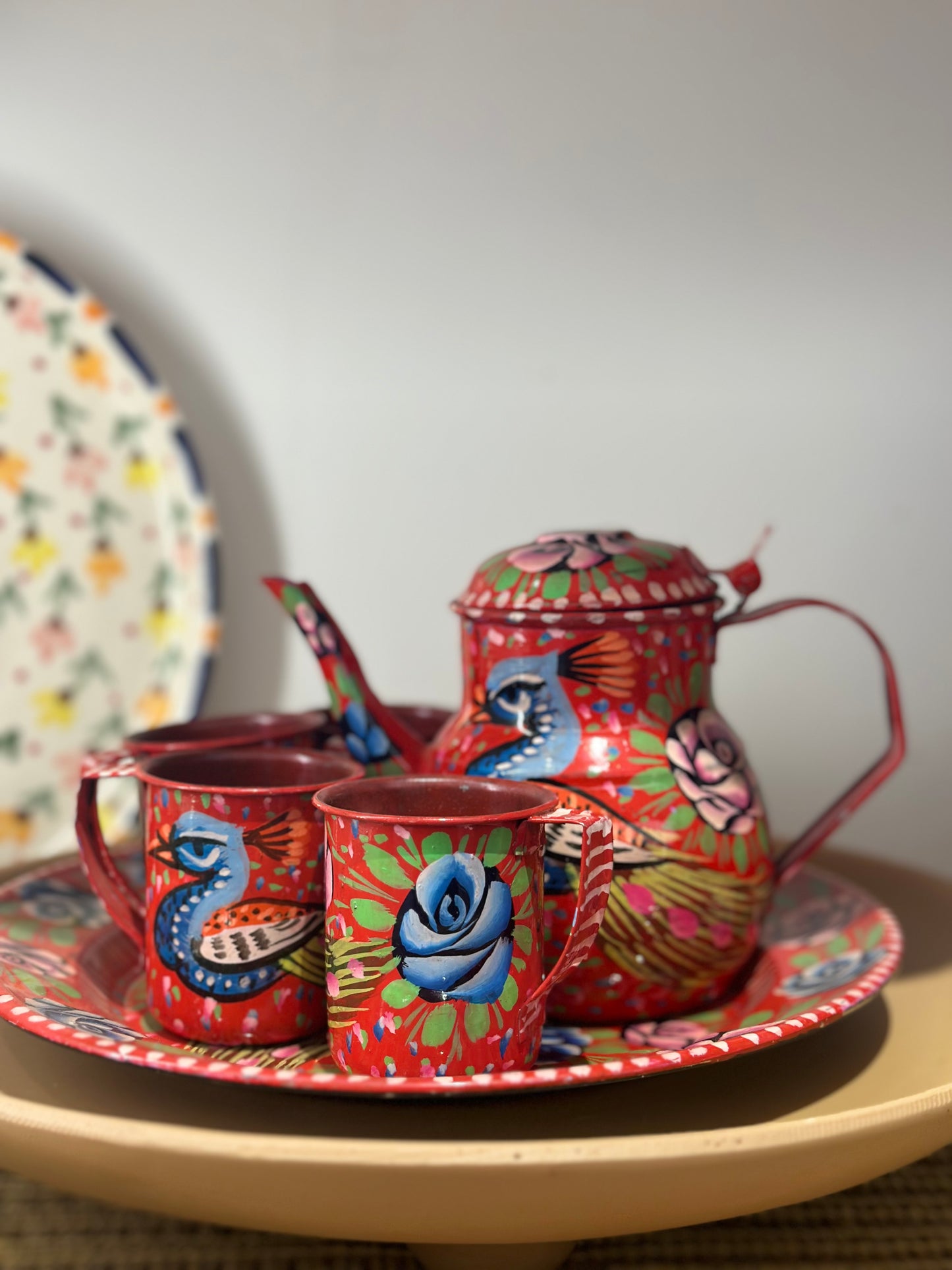 Chai Time Pakistani Truck Art Tea Set 4 Mugs & Kettle - Red