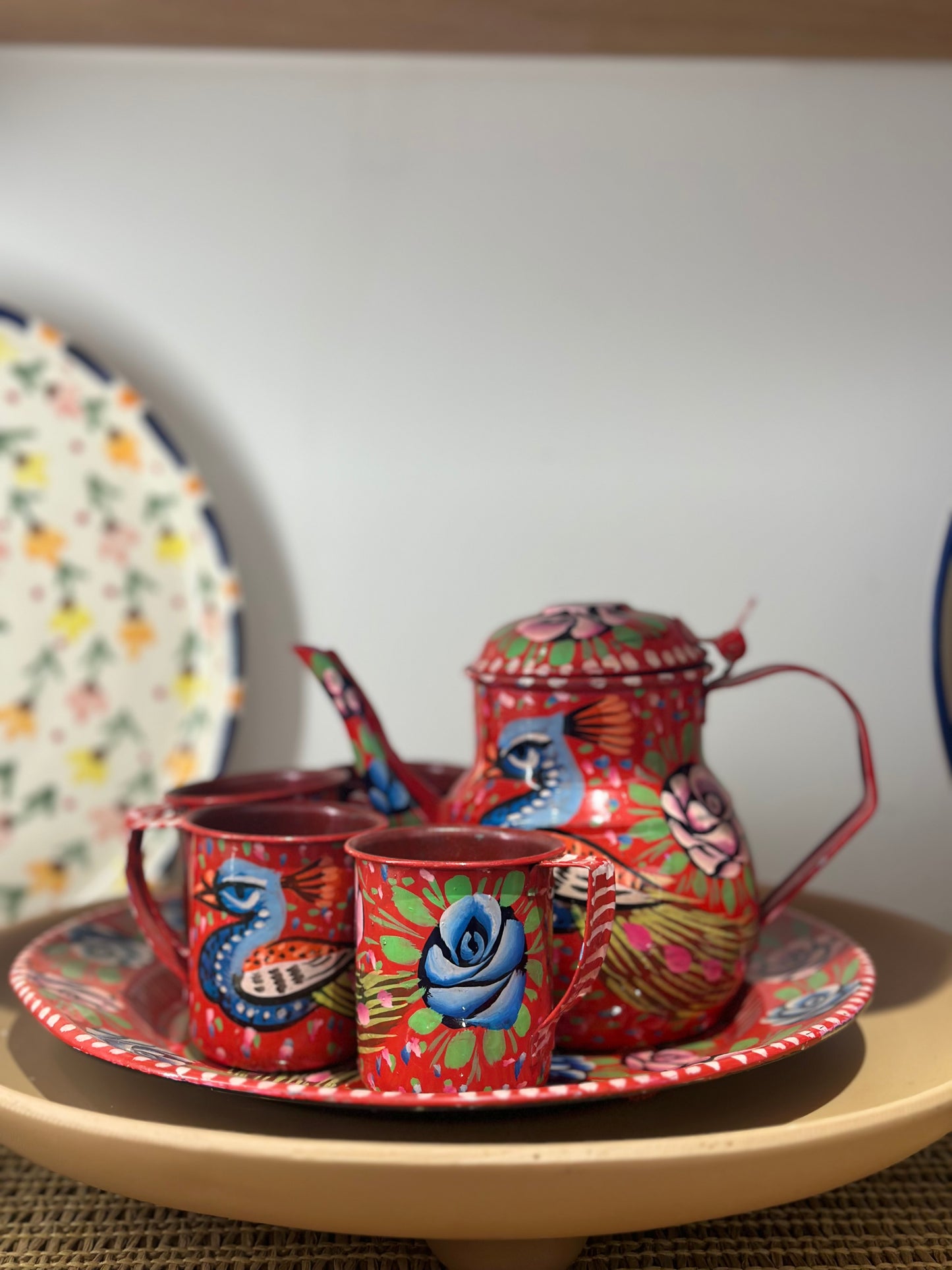 Chai Time Pakistani Truck Art Tea Set 4 Mugs & Kettle - Red