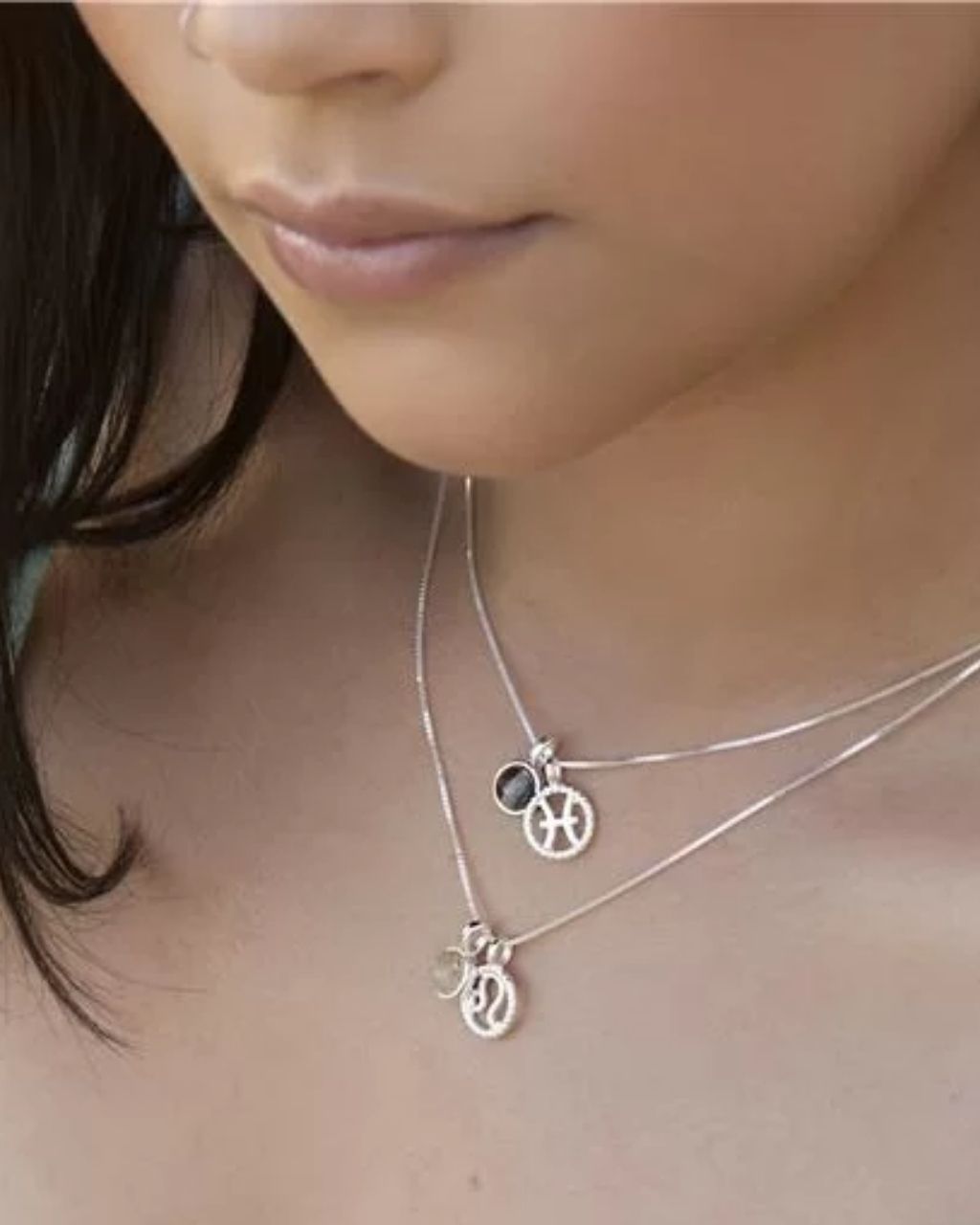 Pisces Zodiac with Birthstone Necklace in Silver| Star sign February/March