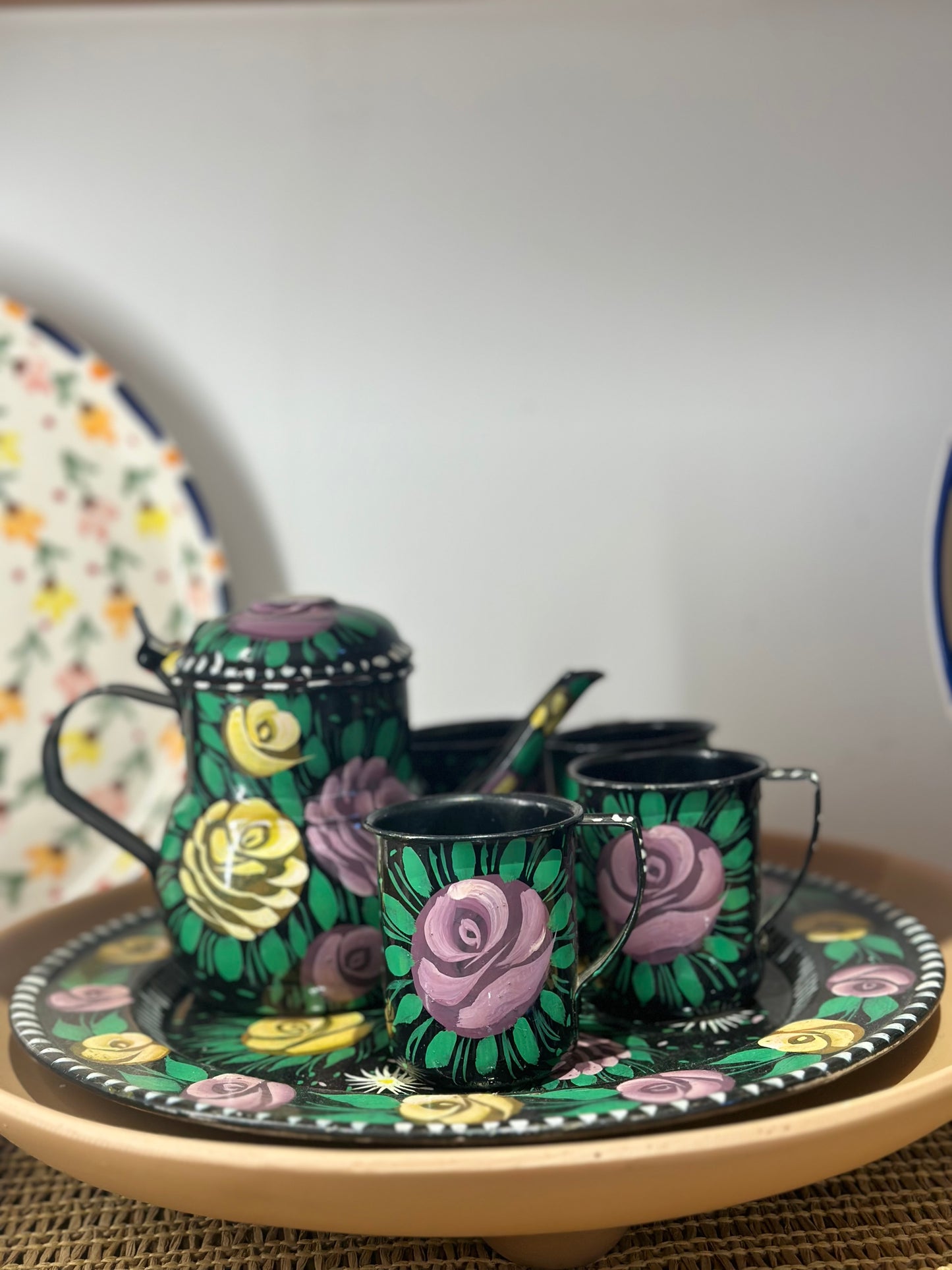 Chai Time Pakistani Truck Art Tea Set 4 Mugs & Kettle - Green & Purple