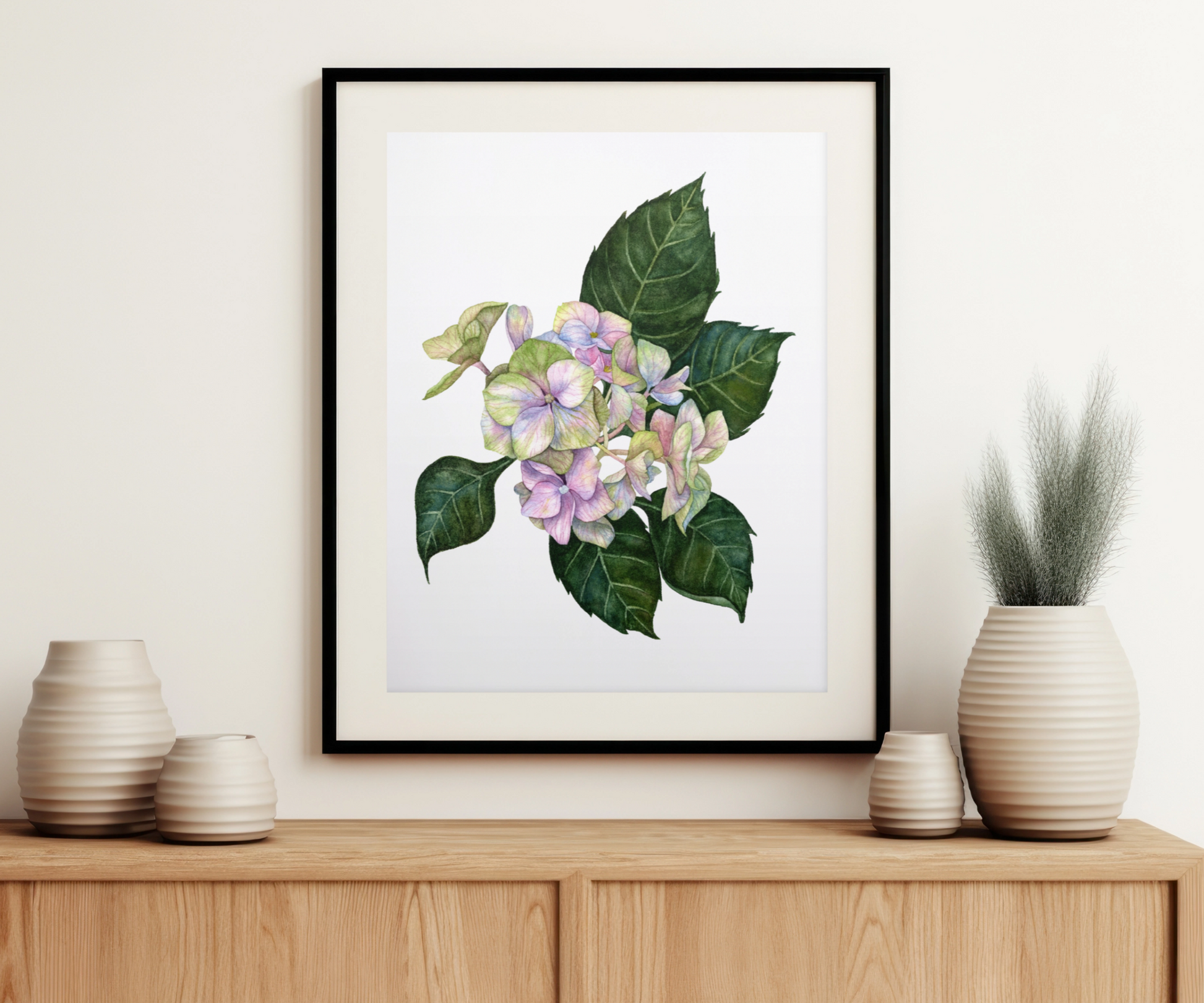 Beautiful Hydrangea watercolour print framed and styled in a cosy interior, perfect for nature-inspired gifting and home decor in New Zealand.