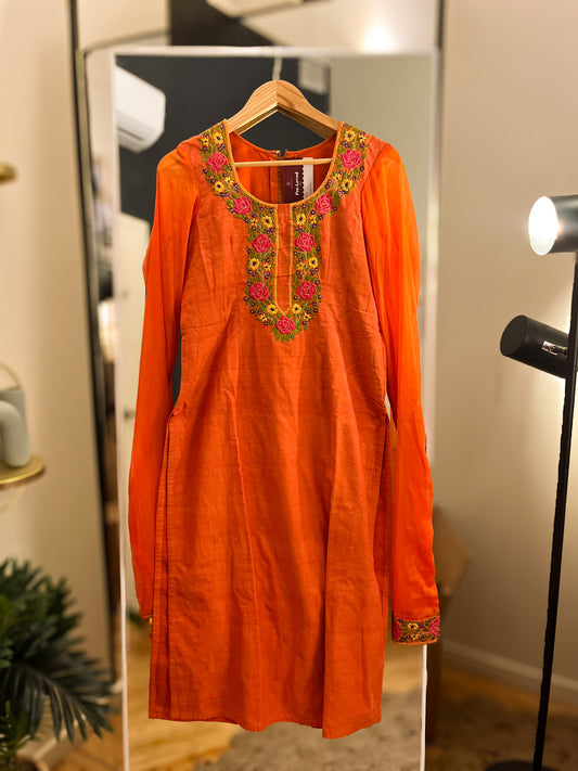 Pre-Loved Orange Embroidered Kurti Set