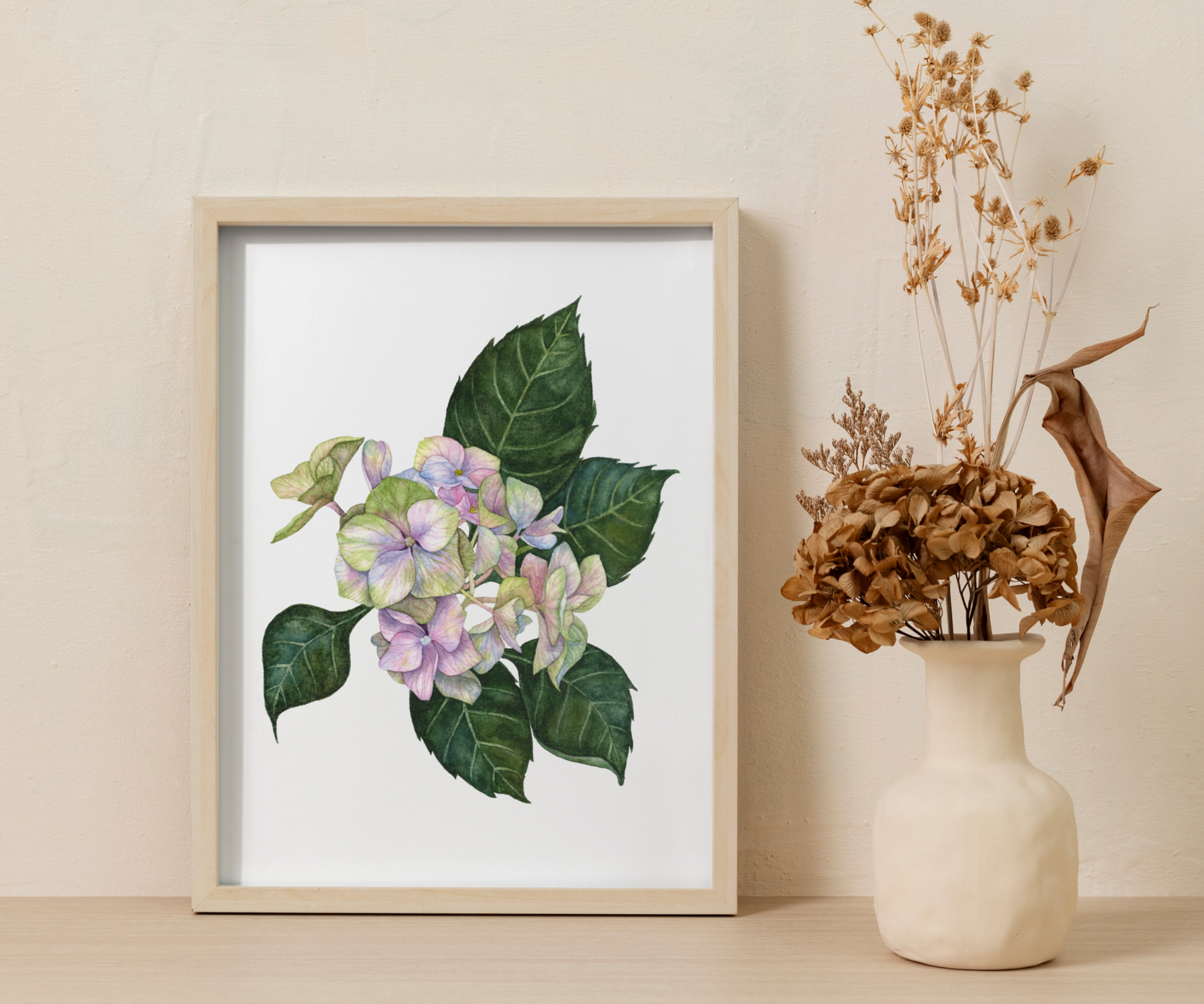 Watercolour hydrangea art print in soft pastel hues, designed in New Zealand, perfect for home decor or as a thoughtful gift idea.