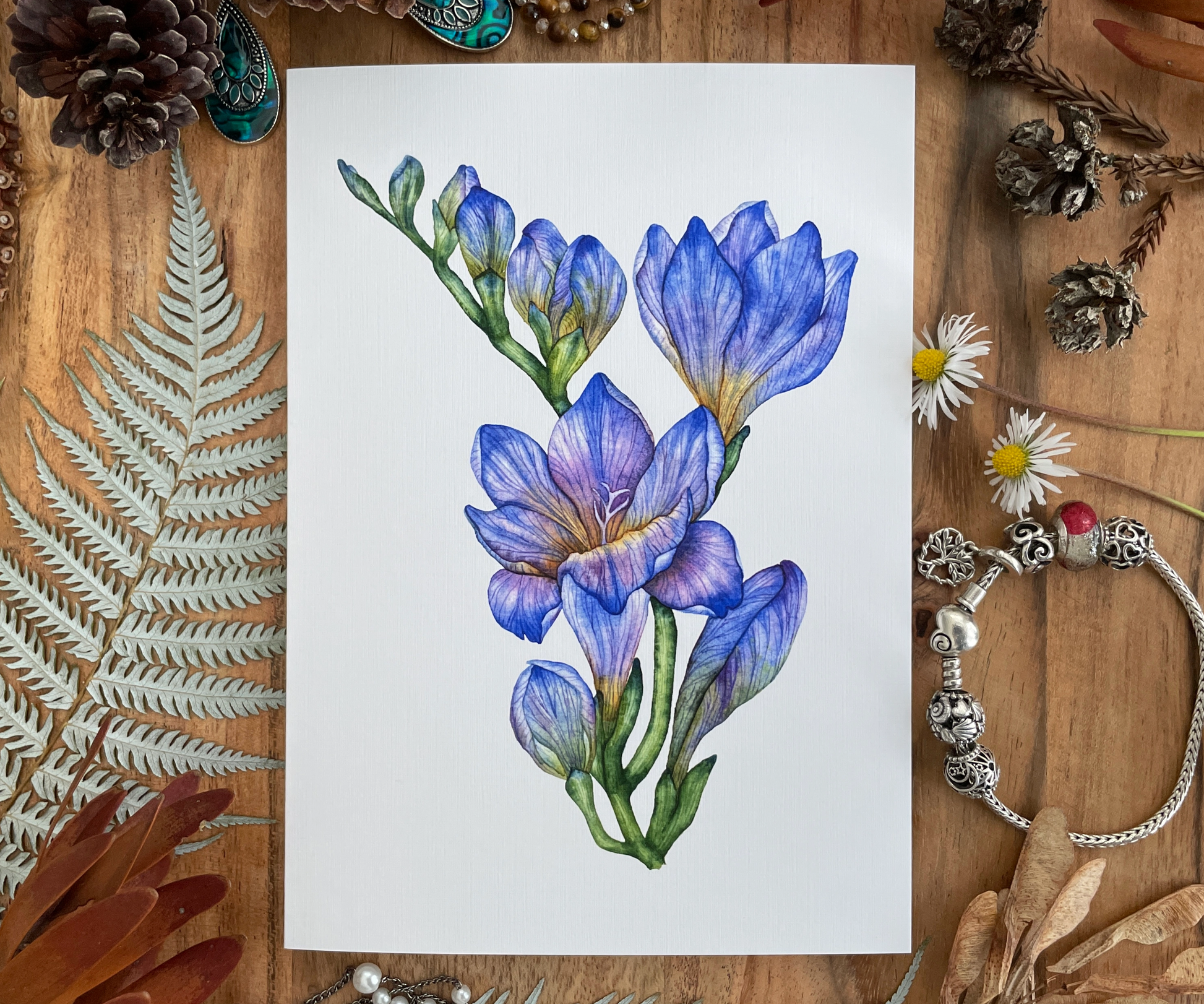 The Blue Freesia Flowers Greeting Card Linen Front