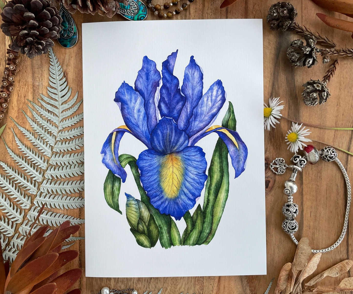 Blue Iris Flower Greeting Card Linen Front