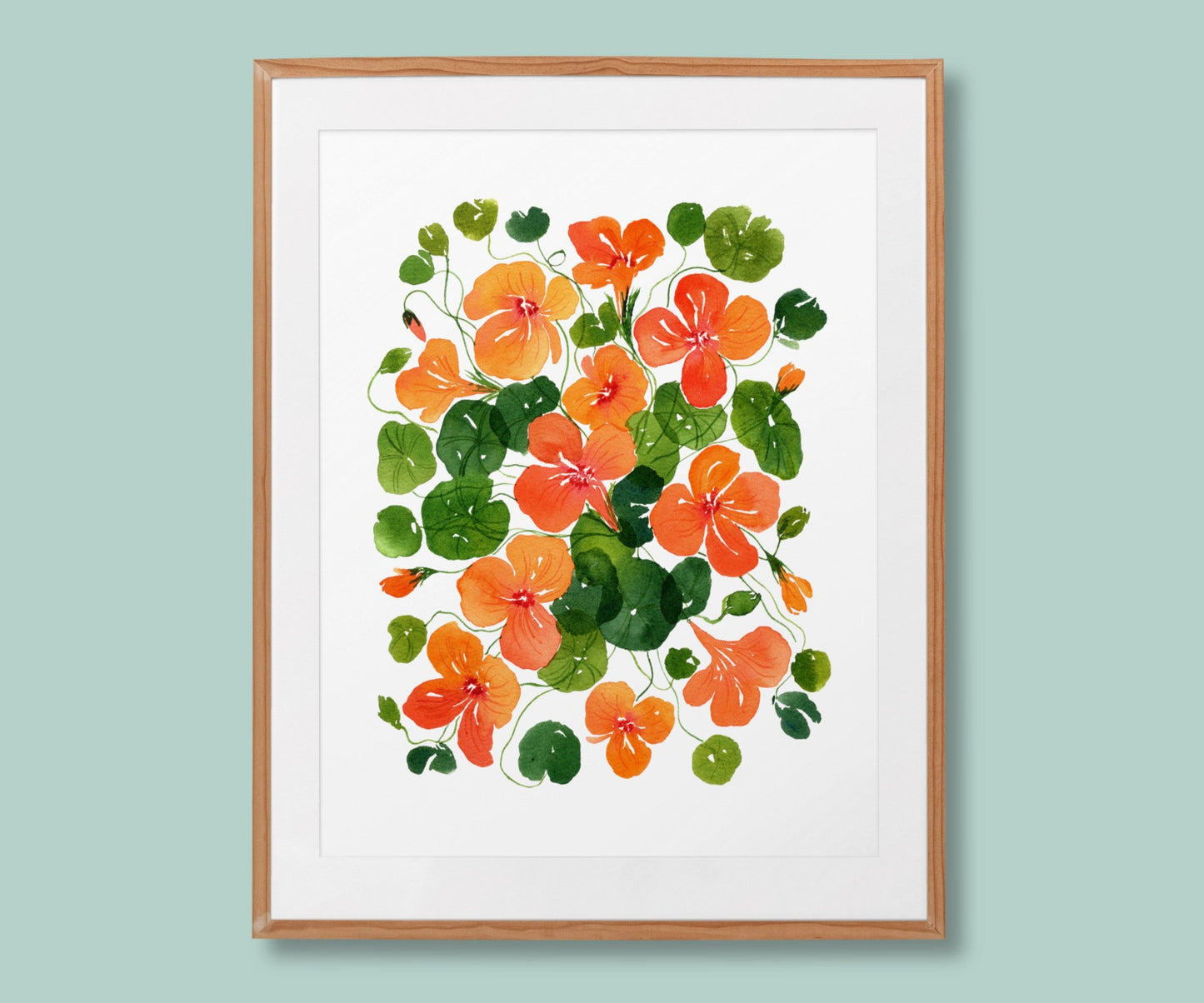 Framed watercolour art print of Nasturtium flowers, bringing floral elegance to home interiors in New Zealand or as thoughtful gift ideas.