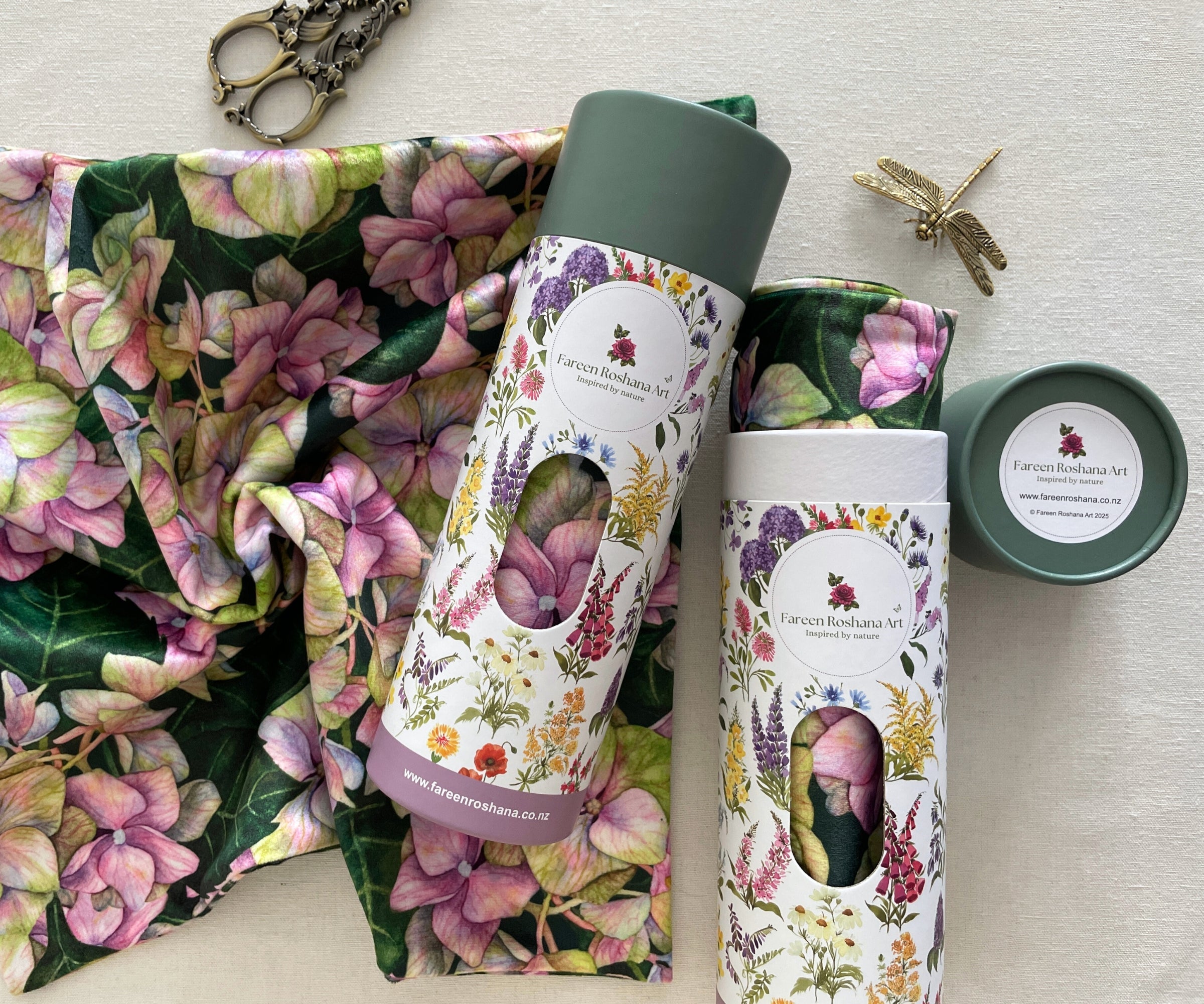 Hues of Serenity Hydrangea cushion cover with two premium gift packaging tubes, floral velvet pillow