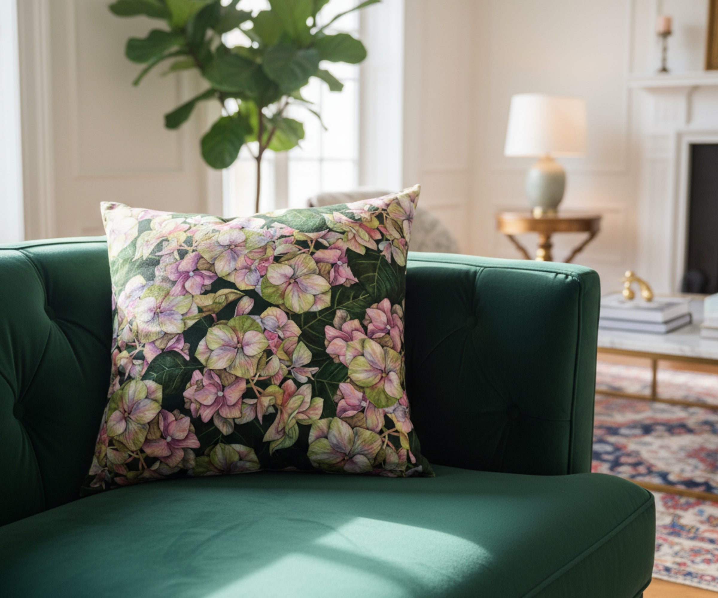 Hues of Serenity Hydrangea Velvet Cushion Cover | Floral Pillow Case 45x45 cm