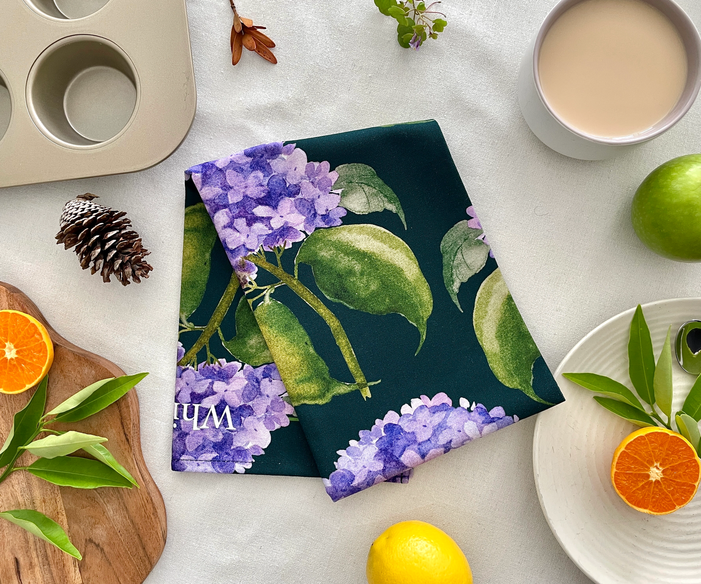 Whispers of Hydrangea Tea Towel on the Table