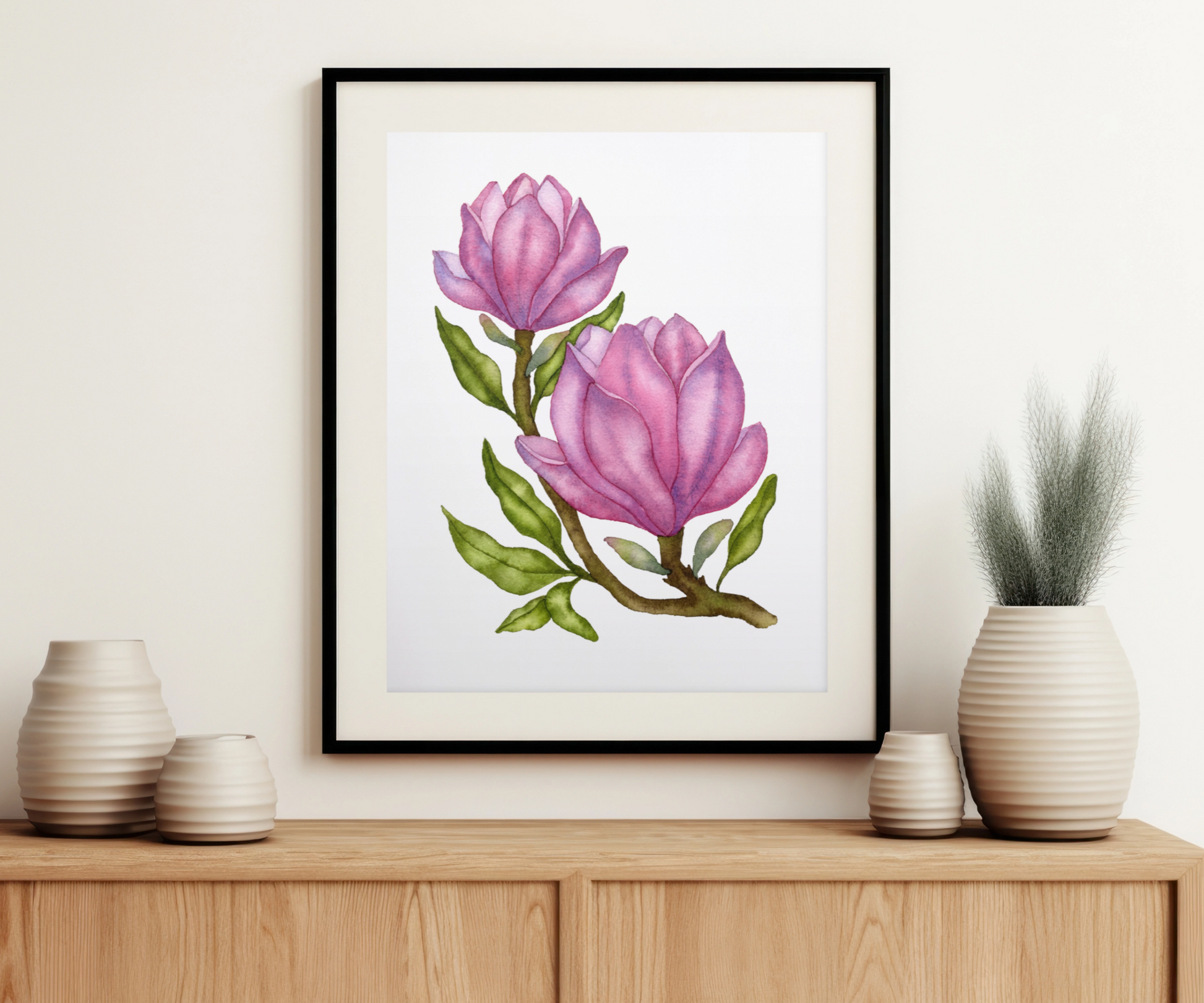 "Petals of Serenity" Pink Magnolias Art Print on the Wall