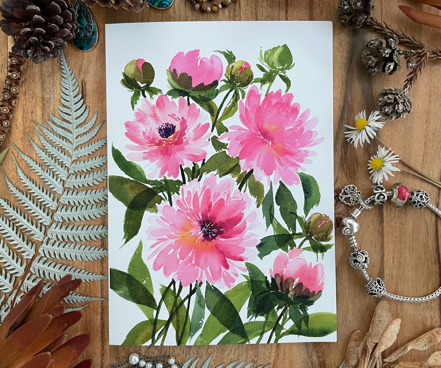 Pink Peonies Greeting Card Linen Front