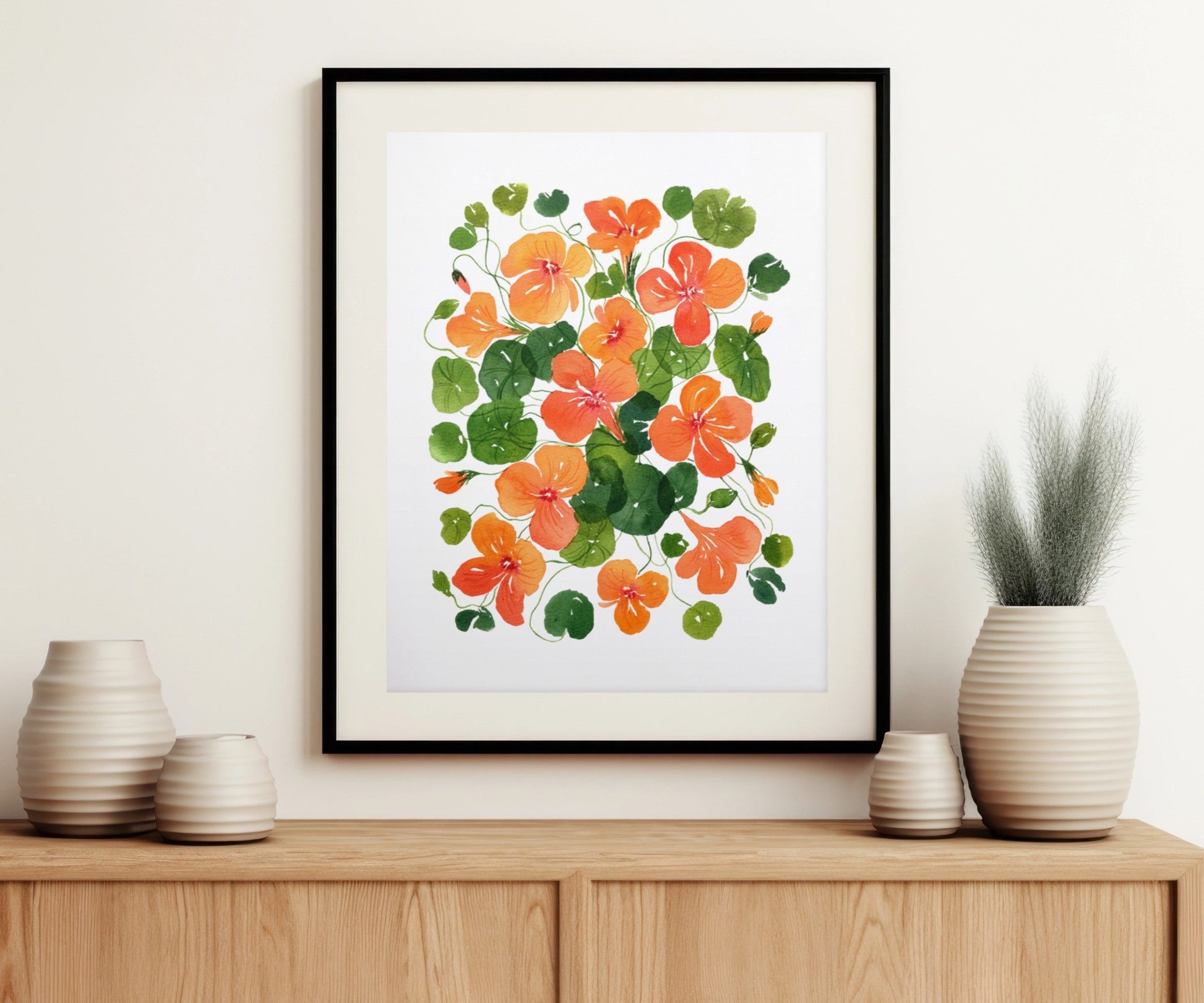 A art print featuring hand-painted Nasturtium flowers in warm tones, printed on archival-quality paper in New Zealand, ideal for home decor and gifting, designed in New Zealand