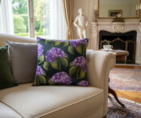 Whispers of Hydrangea velvet cushion cover 45x45 cm styled on sofa, elegant floral decorative pillow